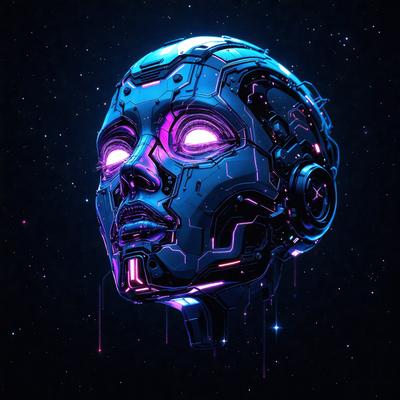 The primary subject of the image is a futuristic robot head with purple eyes. The robot head is the main focus of the image, and it is set against a dark blue background. The visual style of the image is digital art, as it appears to be a computer-generated or digitally created illustration. The colors and mood of the image are predominantly dark and moody, with the purple eyes of the robot head being the most prominent feature.